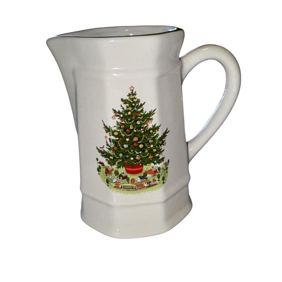 White Christmas Tree Cream Pitcher Ceramic Green Rim Holiday Decor vintage - Picture 4 of 7